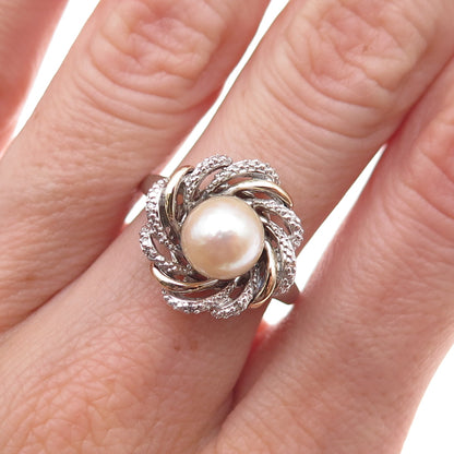 Richline 925 Sterling Silver 14K Gold Real Diamond & Pearl Floral Ring Size 7