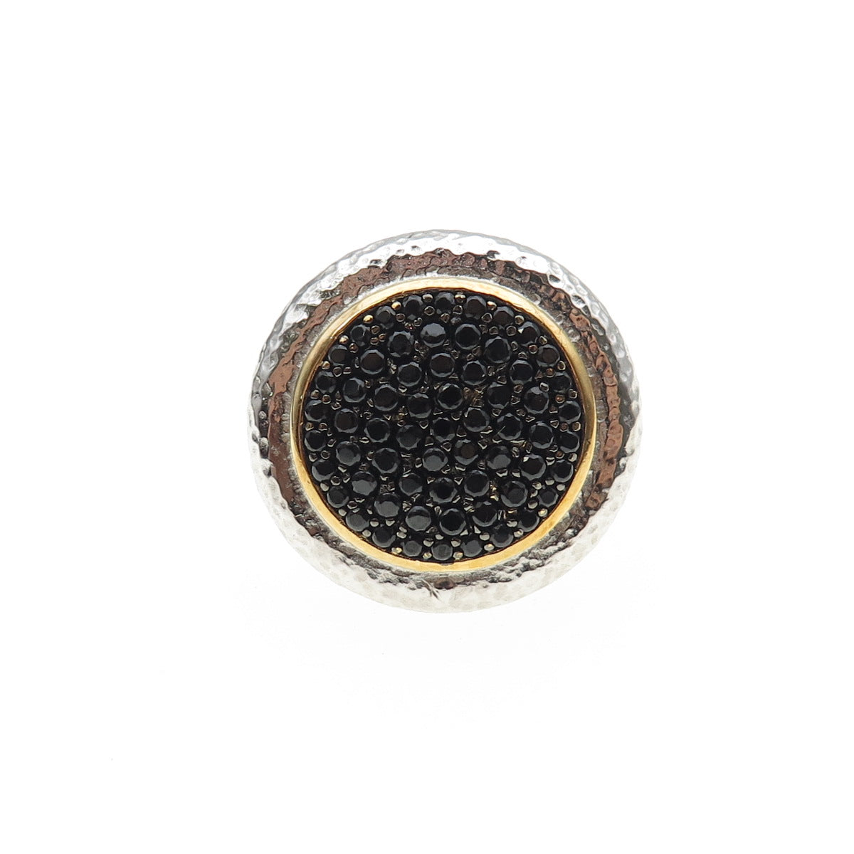 925 Sterling Silver 2-Tone Vintage Real Black Spinel Hammered Ring Size 7