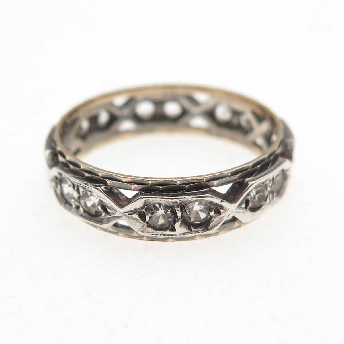 925 Sterling Silver 9K Gold Vintage SGW Rhinestone Oxidized Band Ring Size 6.5