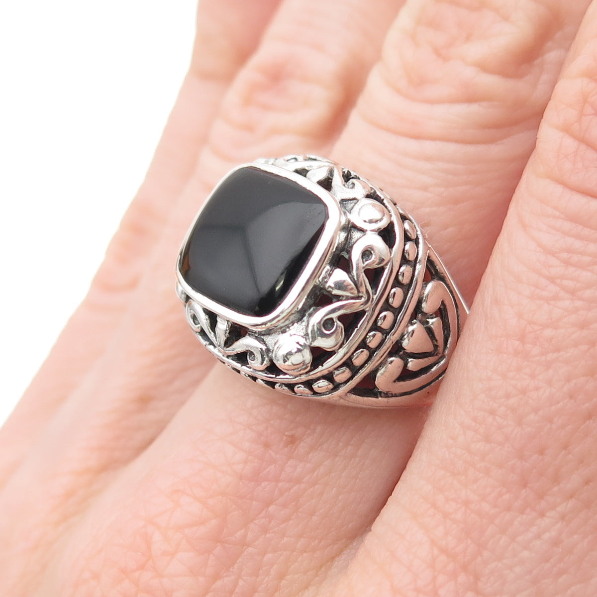 CHAPAL ZENRAY 925 Sterling Silver Vintage Real Black Onyx Oxidized Ring Size 6