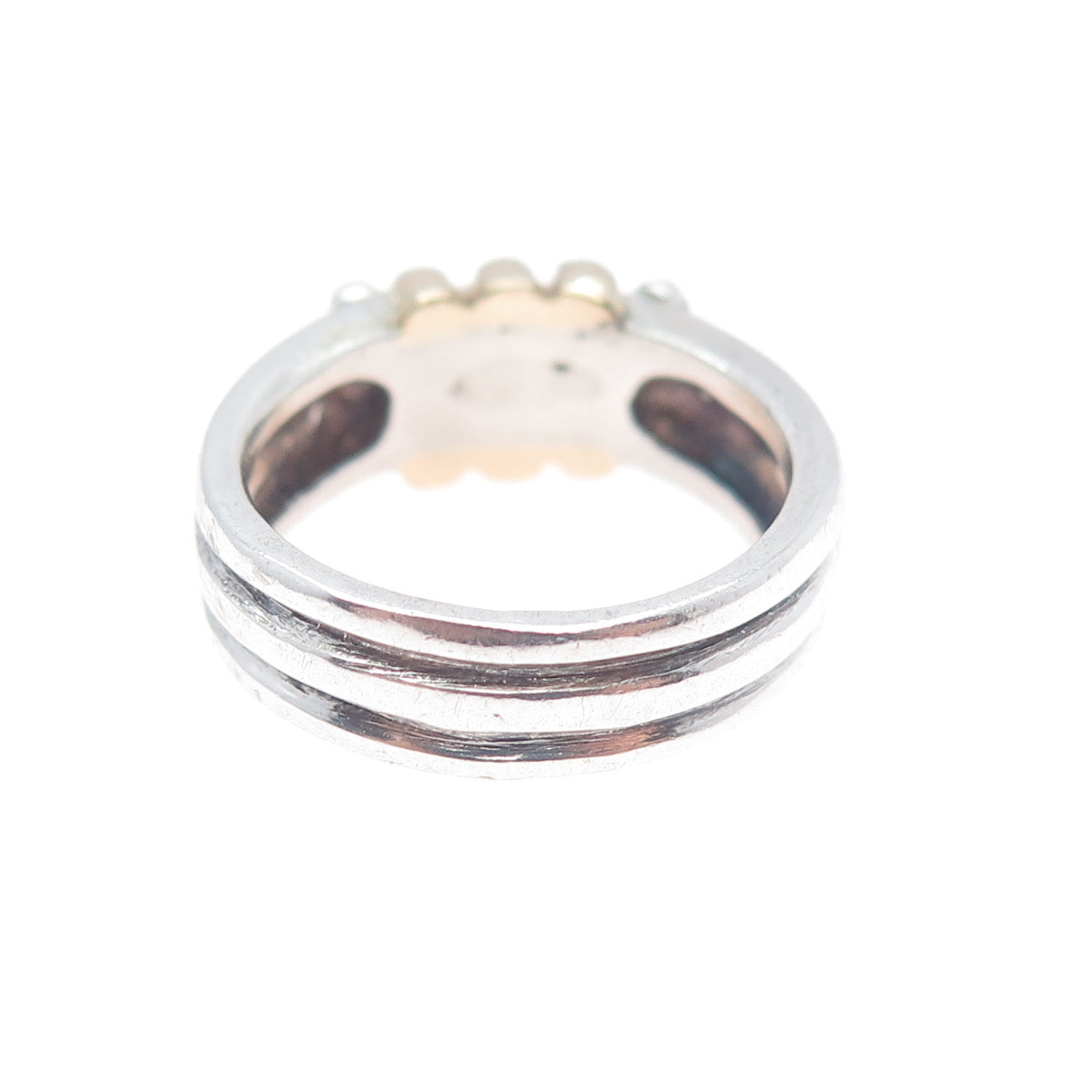 14K Gold 925 Sterling Silver Vintage Modernist Ribbed Oxidized Ring Size 5.75