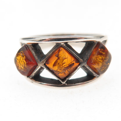 925 Sterling Silver Vintage Poland Real Amber Oxidized Ring Size 7.5