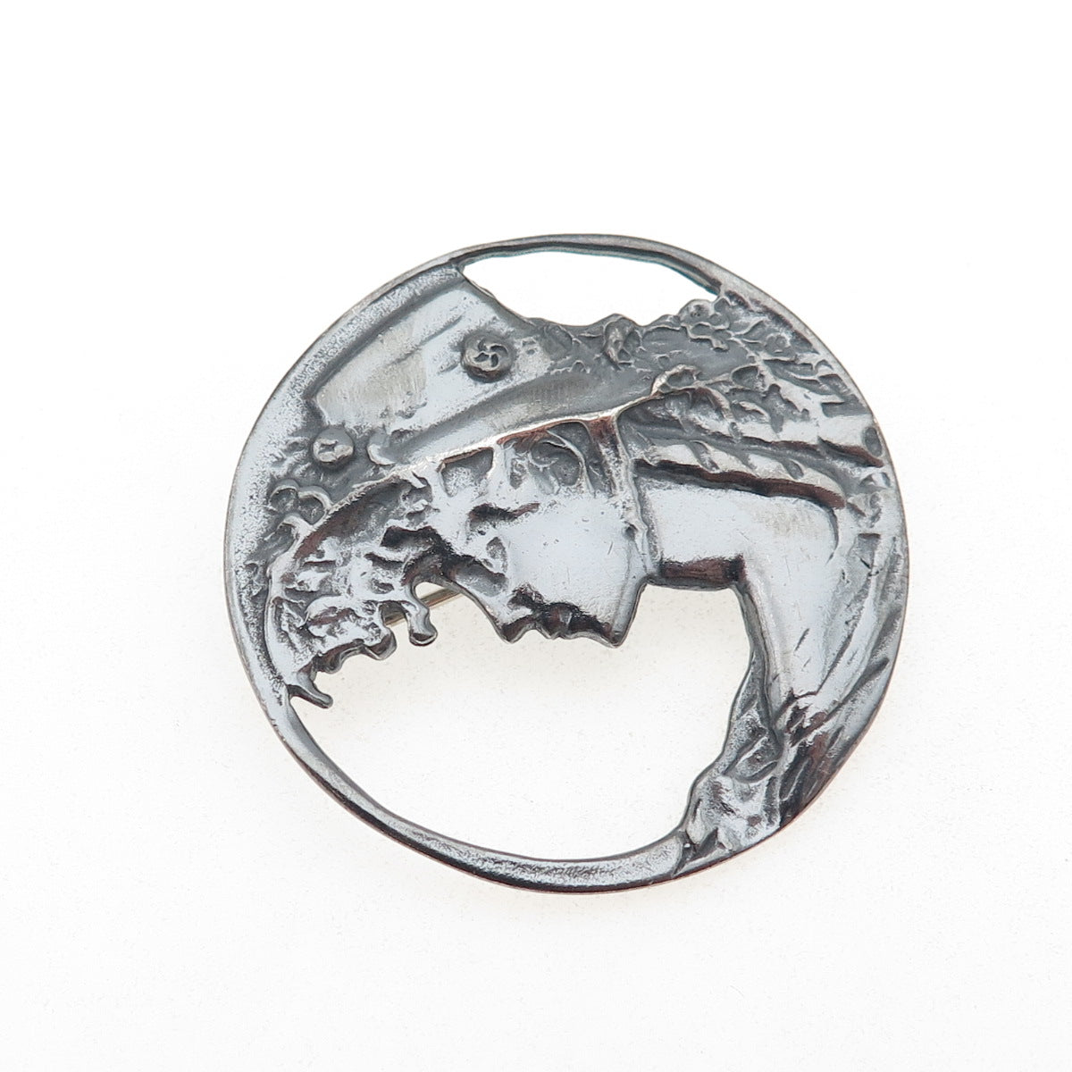 925 Sterling Silver Vintage Floral Lady Oxidized Pin Brooch