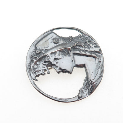 925 Sterling Silver Vintage Floral Lady Oxidized Pin Brooch