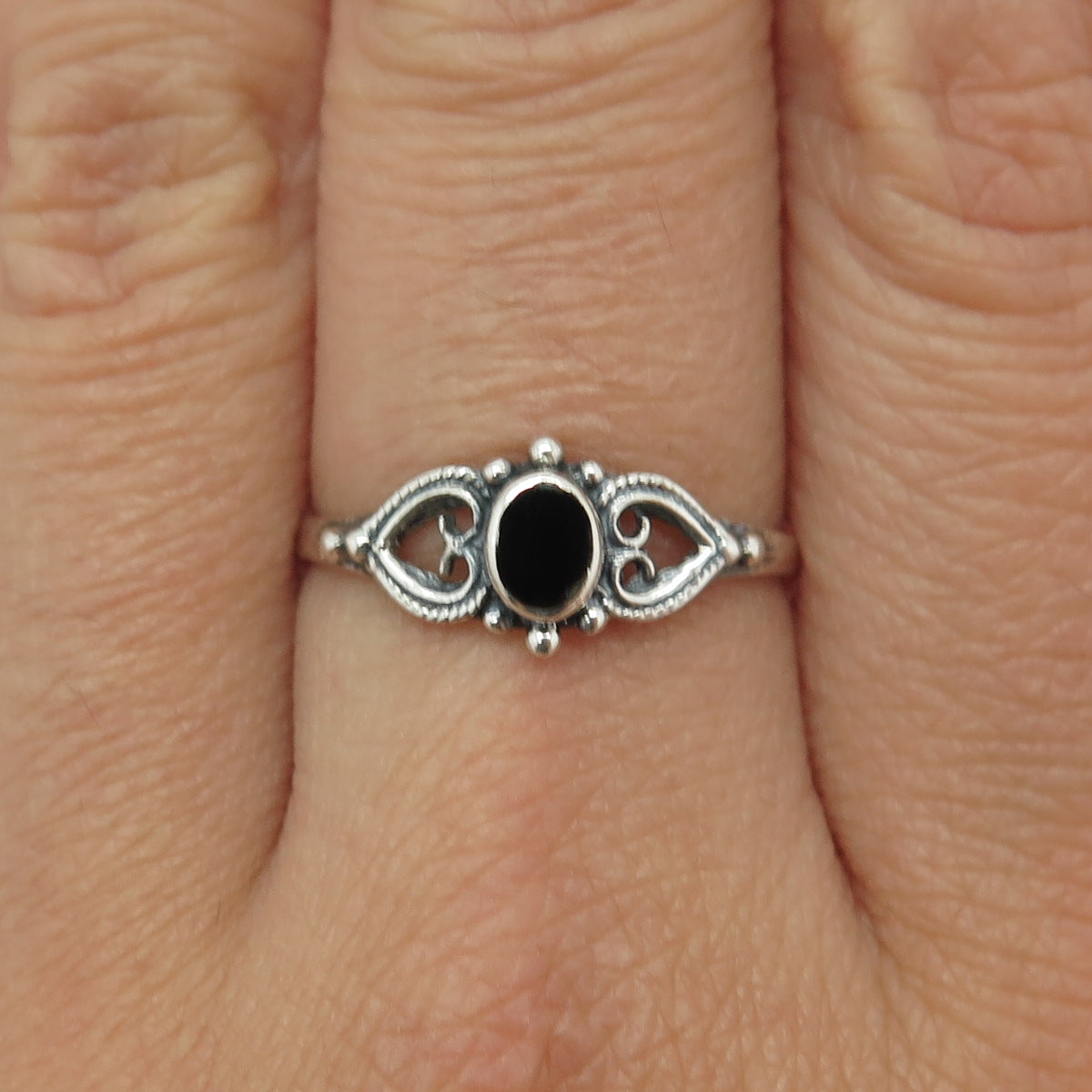 925 Sterling Silver Vintage Real Black Onyx Heart Ring Size 8.5