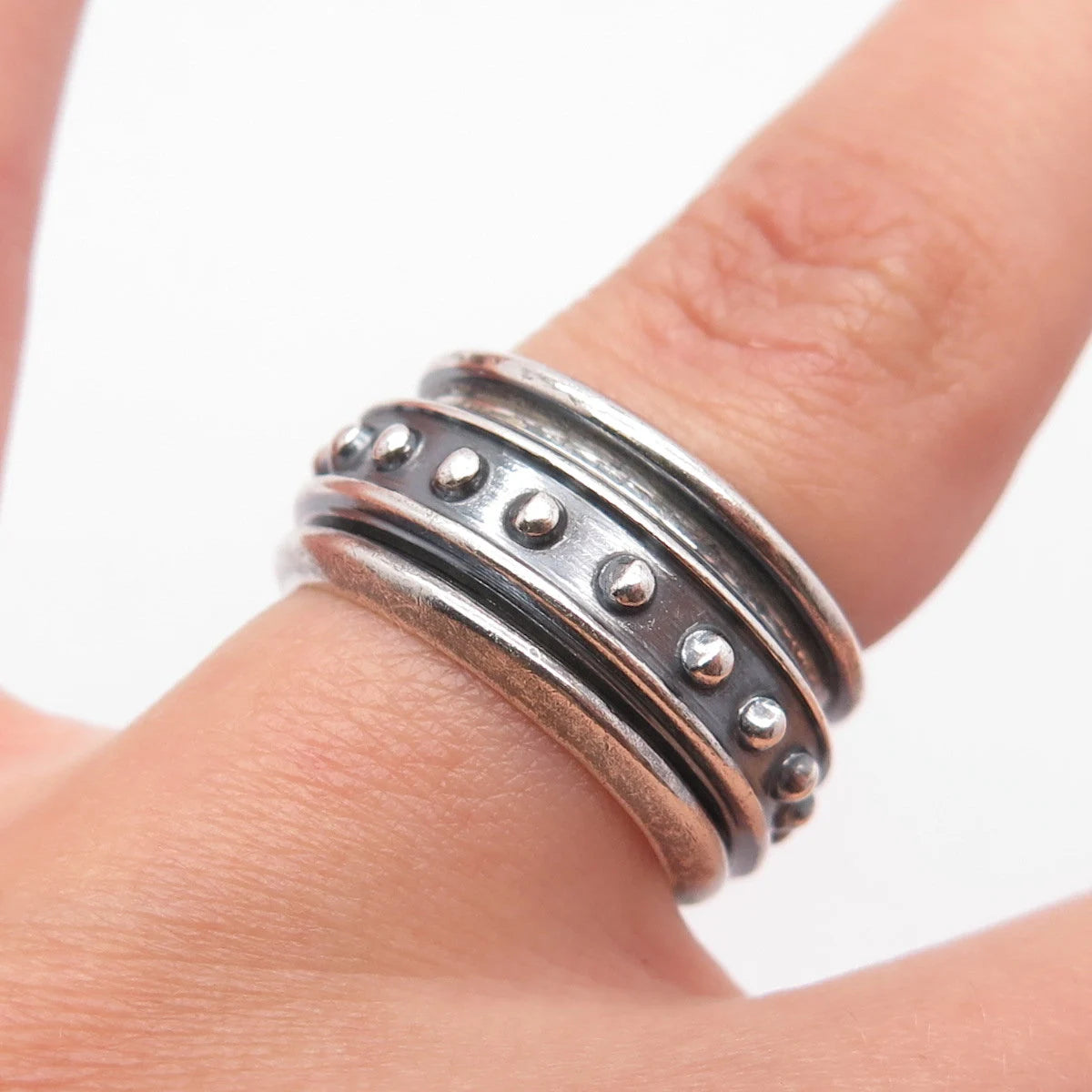 925 Sterling Silver Vintage Beaded Rotating Band Ring Size 5.25