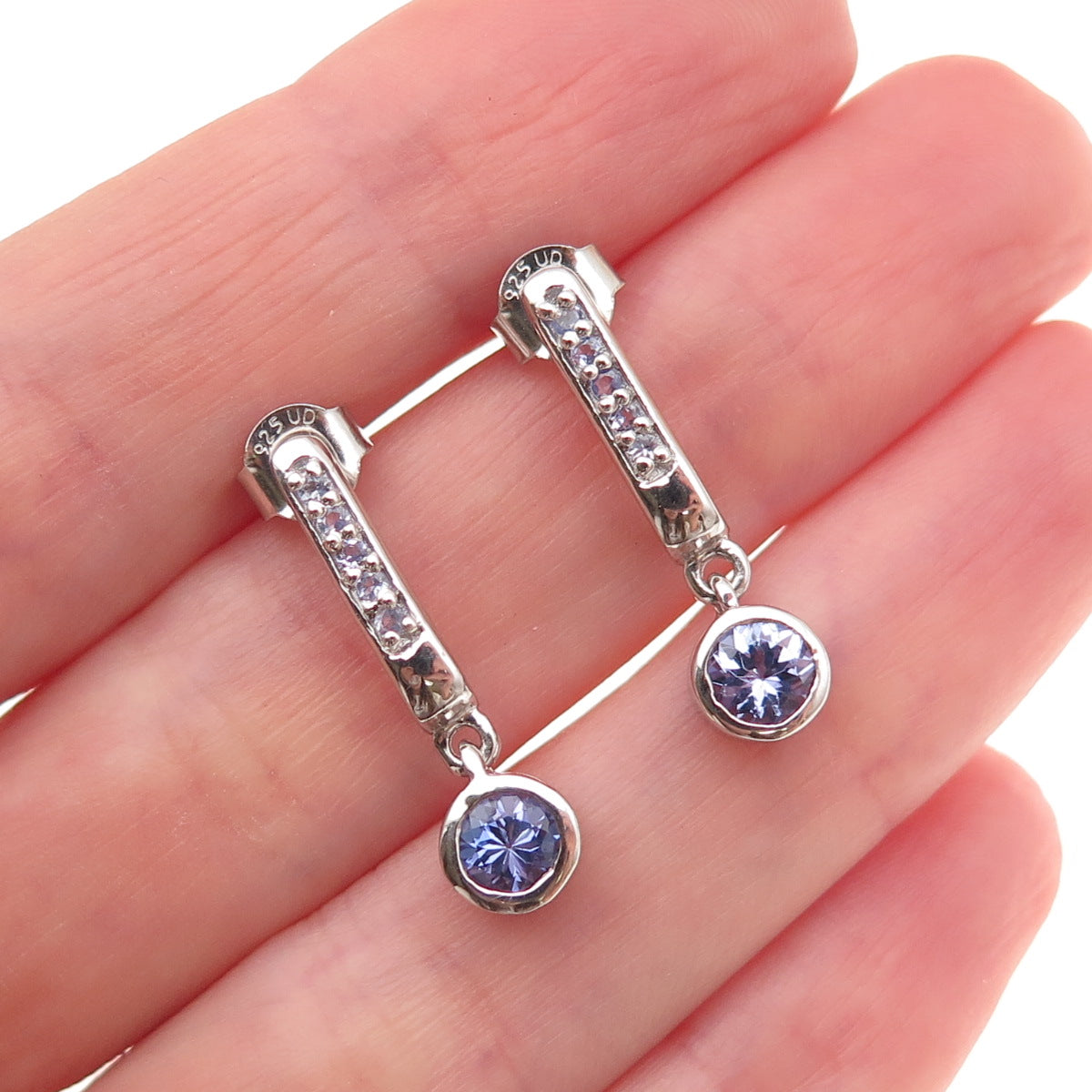 Chuck Clemency 925 Sterling Silver Real Tanzanite Bar Dangle Earrings