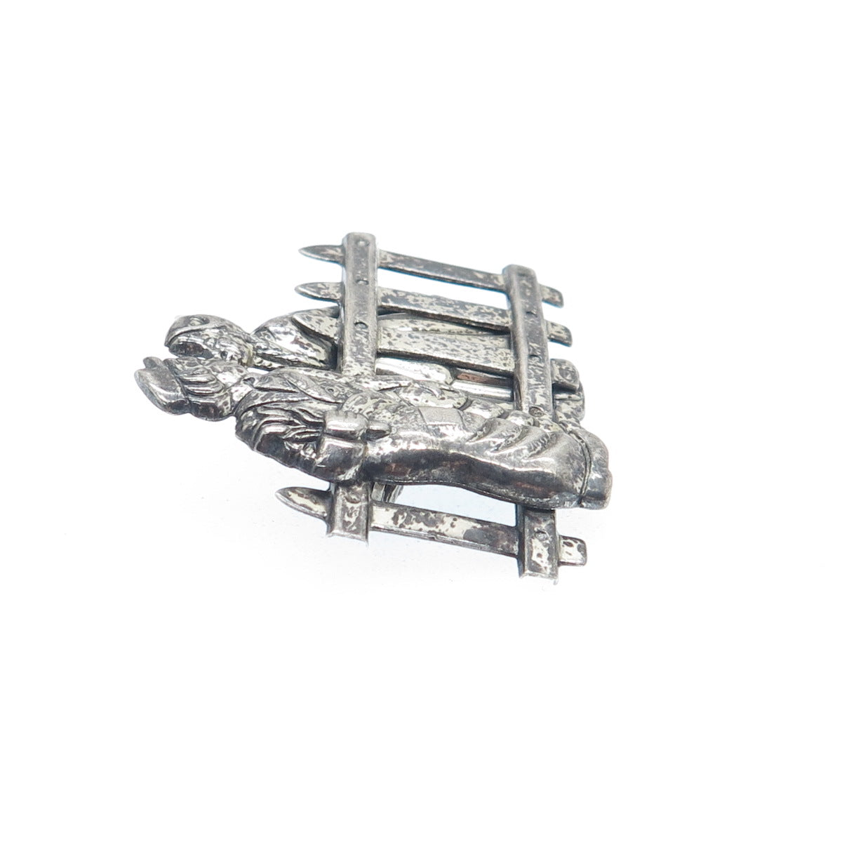 BEAU 925 Sterling Silver Vintage Kissing Couple Along a Fence Oxidized Brooch