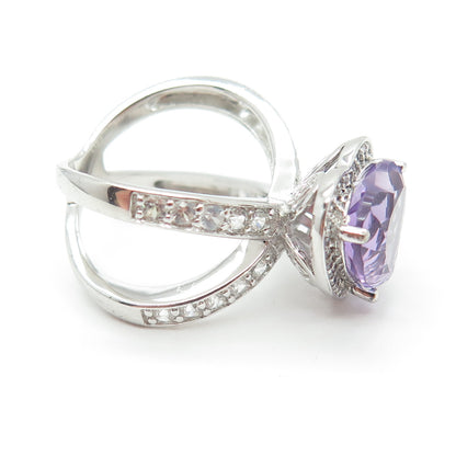 925 Sterling Silver Real White Topaz & Amethyst Gemstone Heart Ring Size 6.25