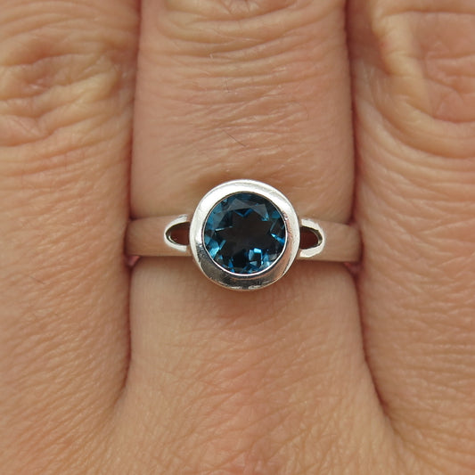 925 Sterling Silver Vintage Real Round-Cut London Blue Topaz Ring Size 7