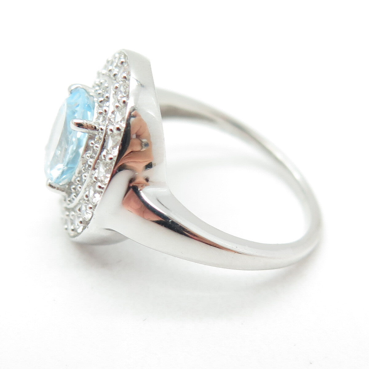 DSMK 925 Sterling Silver Real Oval & Round-Cut Blue White Topaz Ring Size 6.5