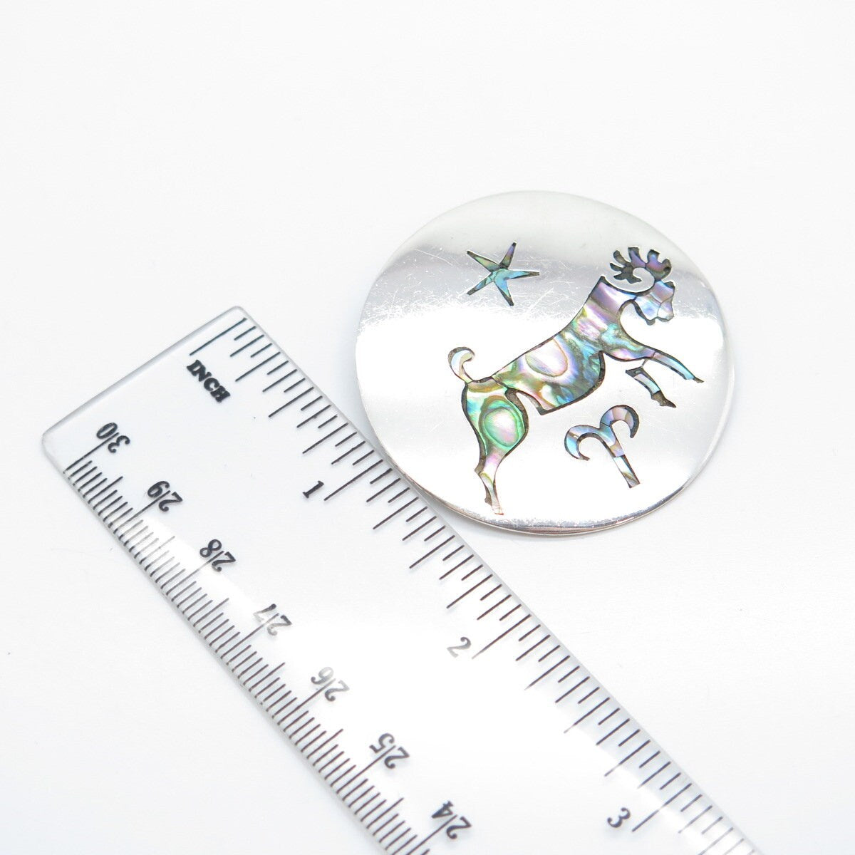 925 Sterling Silver Vintage Mexico Taxco Abalone Shell Aries Zodiac Sign Brooch
