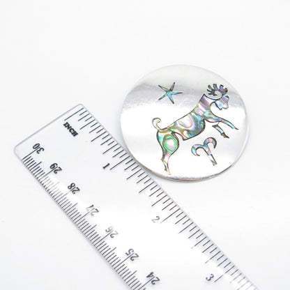 925 Sterling Silver Vintage Mexico Taxco Abalone Shell Aries Zodiac Sign Brooch