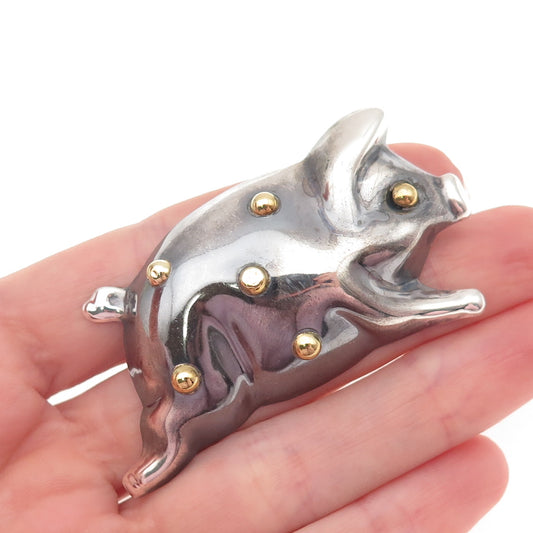 925 Sterling Silver 2-Tone Vintage Mexico Pig Oxidized Pin Brooch / Pendant