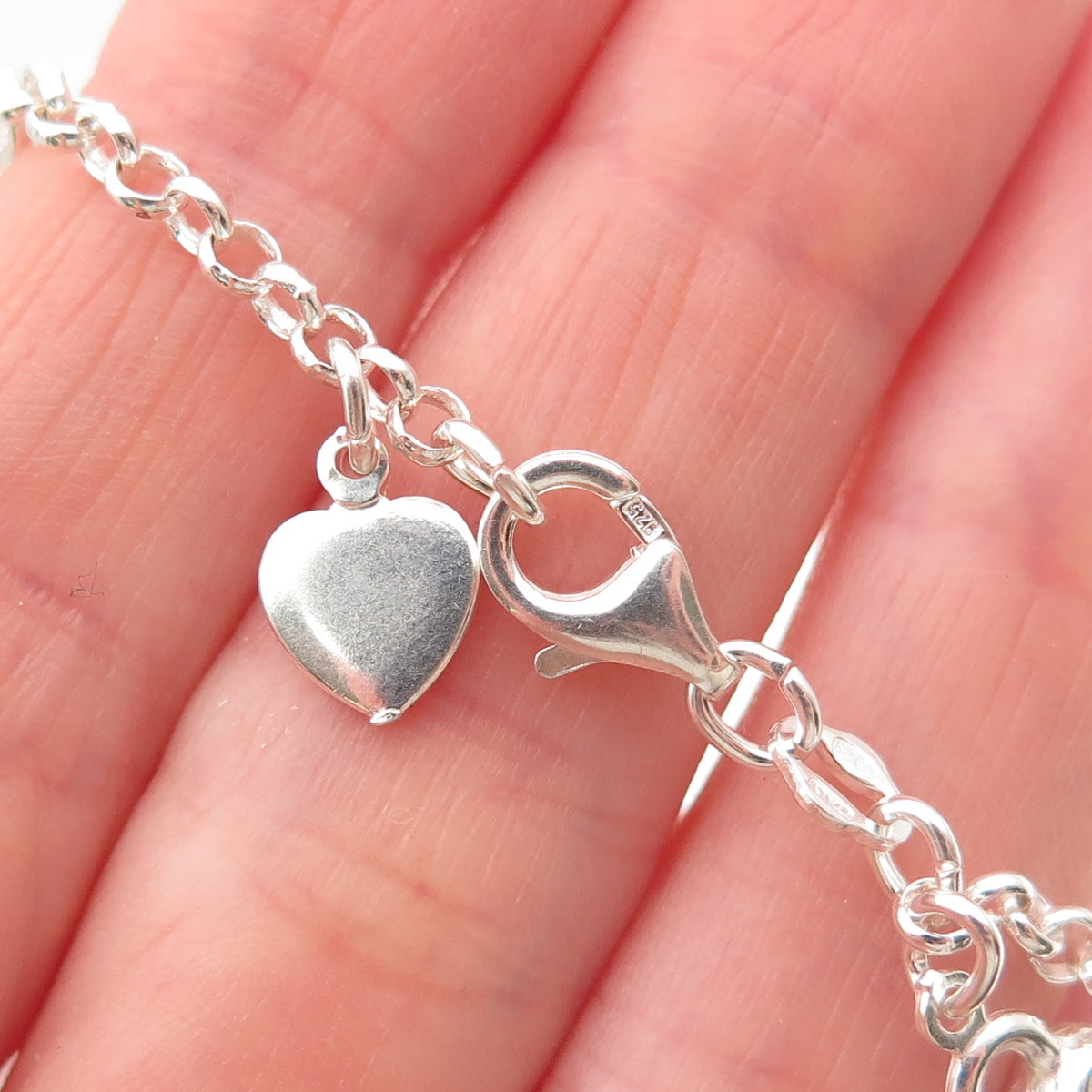 925 Sterling Silver Vintage Heart Lock Dangle Charm Rolo Link Bracelet 7"
