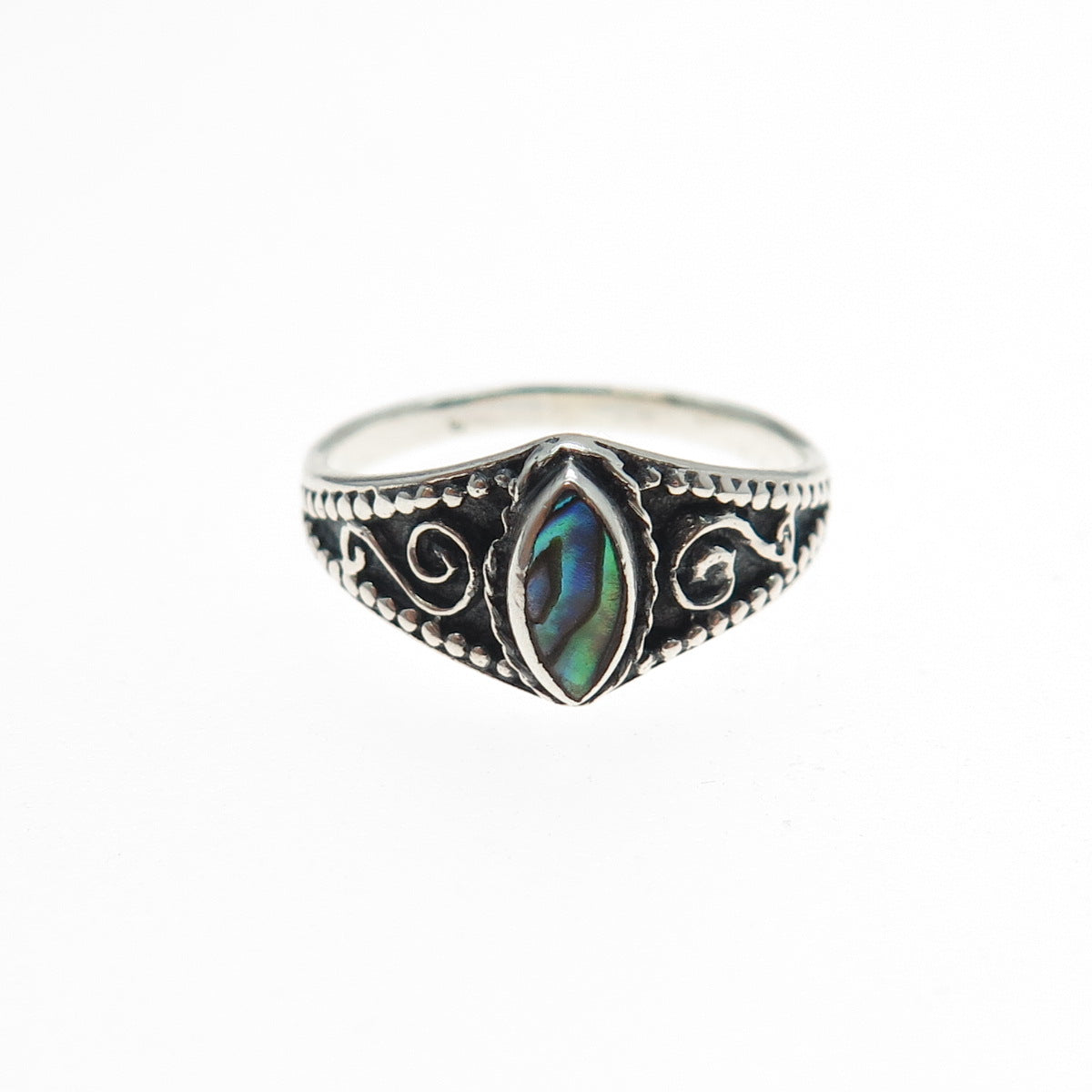 925 Sterling Silver Vintage Real Abalone Shell Swirl Oxidized Ring Size 5.25