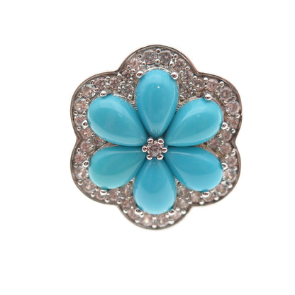 925 Sterling Real Sleeping Beauty Turquoise & White Topaz Floral Ring Size 8