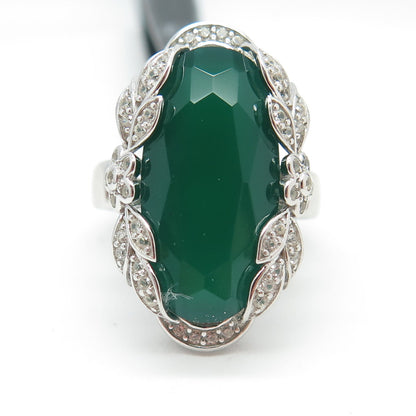 925 Sterling Silver Real White Topaz & Green Onyx Gemstone Ring Size 7