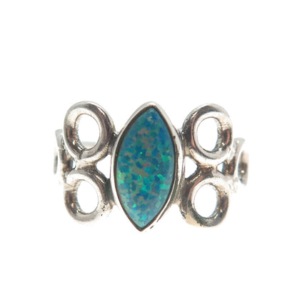 925 Sterling Silver Vintage Marquise-Cut Blue Opal Gemstone Circles Ring Size 8