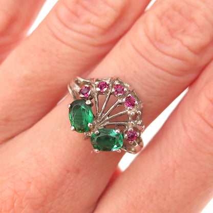 925 Sterling Vintage Green & Pink Rhinestone Ring Size 6.5 (missing 1 stone)