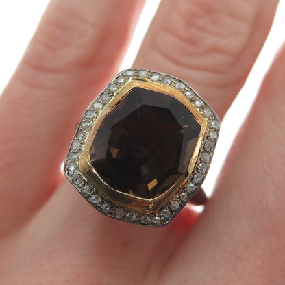 925 Sterling Silver Black Rhodium 2-Tone Diamond & Smoky Quartz Ring Size 6.75