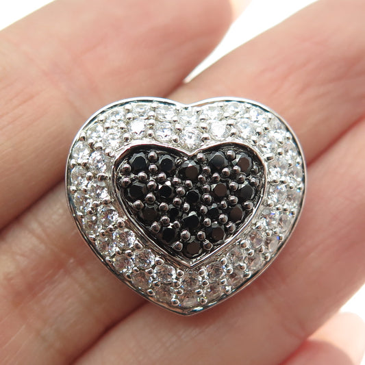 925 Sterling Silver Real Round-Cut Black Spinel & C Z Heart Slide Pendant