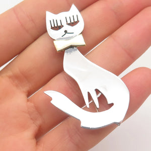 925 Sterling Silver 2-Tone Vintage Mexico Cat w/ Bow Pin Brooch