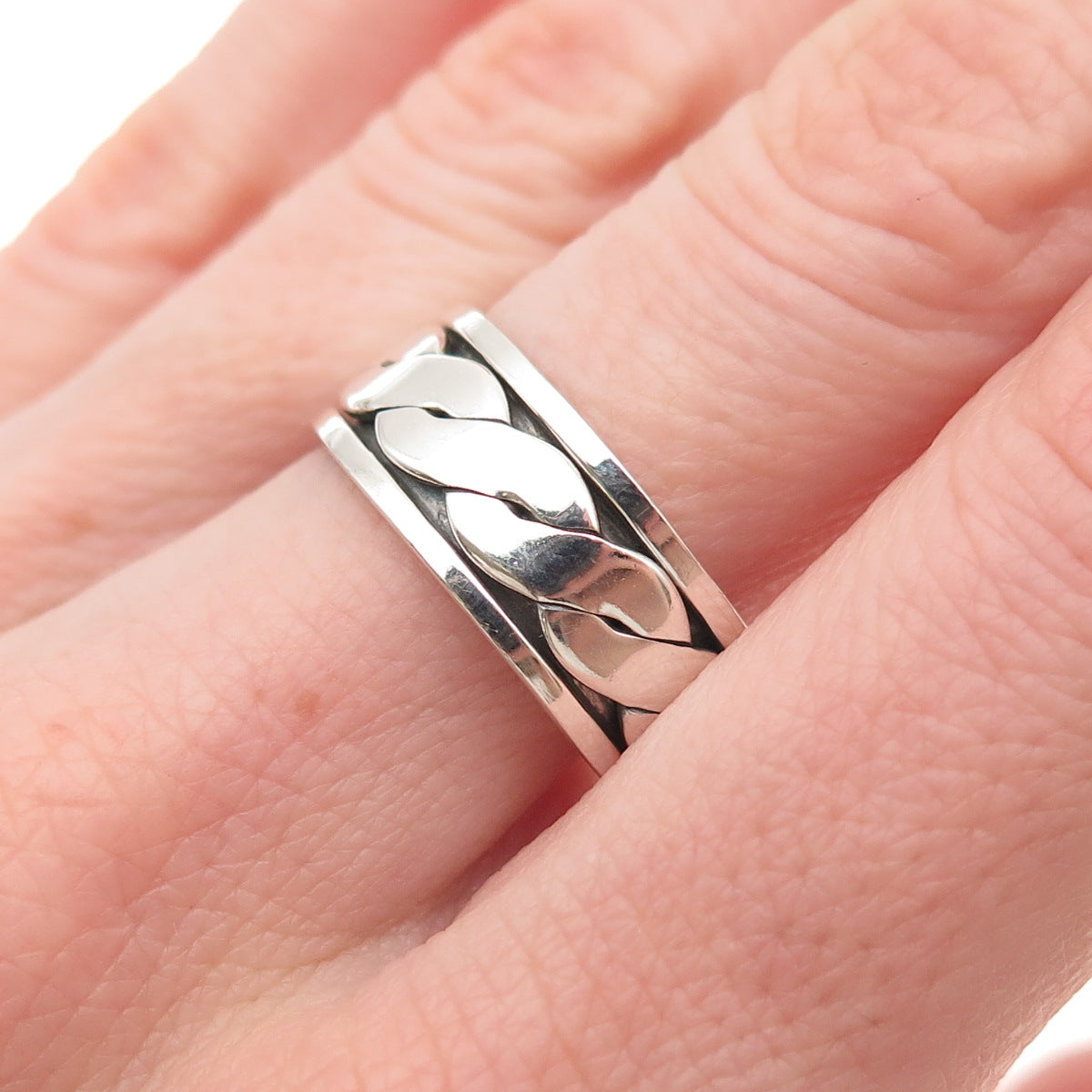 925 Sterling Silver Vintage Woven Oxidized Rotating Band Ring Size 9