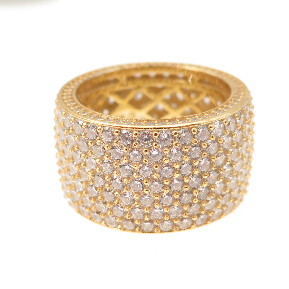 925 Sterling Silver Gold Plated Round-Cut C Z Wide Band Ring Size 9.5