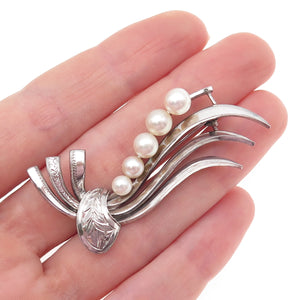 925 Sterling Silver Antique Art Deco Real Pearl Floral Pin Brooch