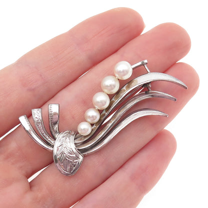 925 Sterling Silver Antique Art Deco Real Pearl Floral Pin Brooch