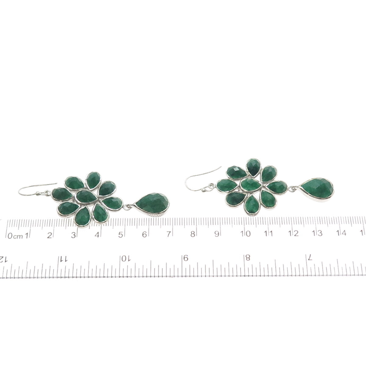 925 Sterling Silver Real Pear-Cut Emerald Flower Dangle Earrings