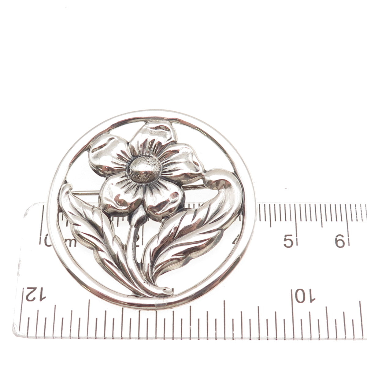 925 Sterling Silver Vintage Floral Oxidized Pin Brooch