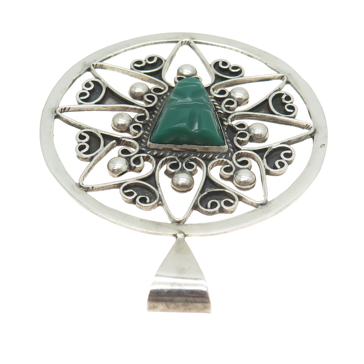 900 Silver Vintage Mexico Real Green Onyx Gemstone Tribal Pendant