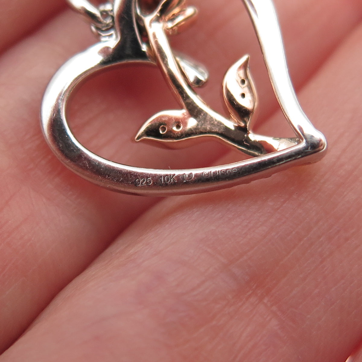 DISNEY 925 Sterling 10K Gold Real Diamond Belle Rose & Heart Mini Charm Pendant