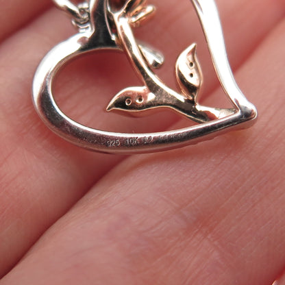 DISNEY 925 Sterling 10K Gold Real Diamond Belle Rose & Heart Mini Charm Pendant