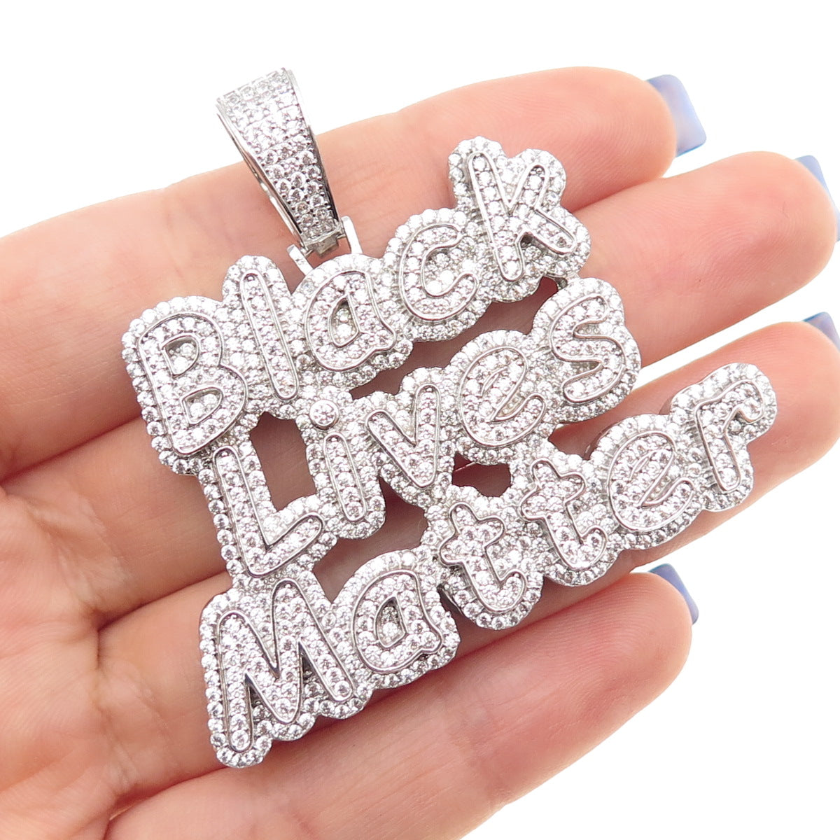 925 Sterling Silver Round-Cut C Z Black Lives Matter Pendant