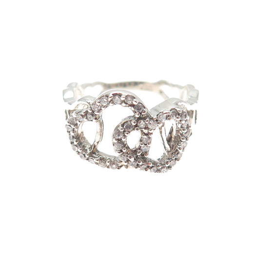 925 Sterling Silver Round-Cut C Z Double Heart Ring Size 6.75
