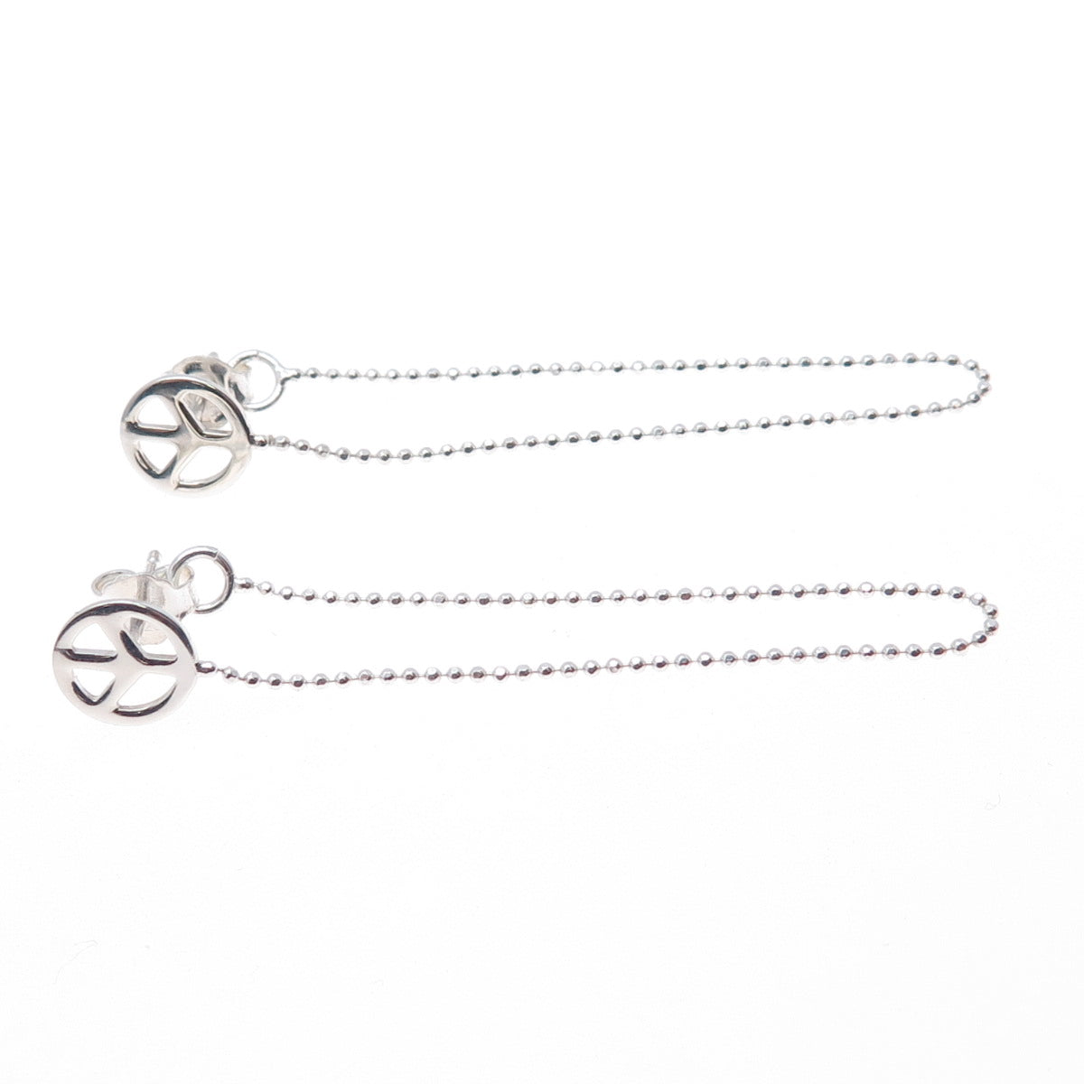 925 Sterling Silver Peace Symbol Ball Beaded Chain Dangle Earrings