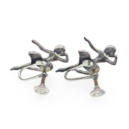 BEAU 925 Sterling Silver Antique Art Deco Ballerina Screw Back Oxidized Earrings