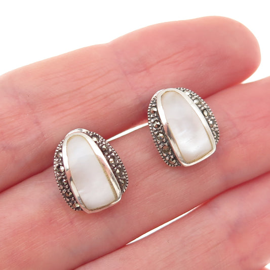 Charles Winston 925 Sterling Silver Vintage Real MOP & Marcasite Petal Earrings