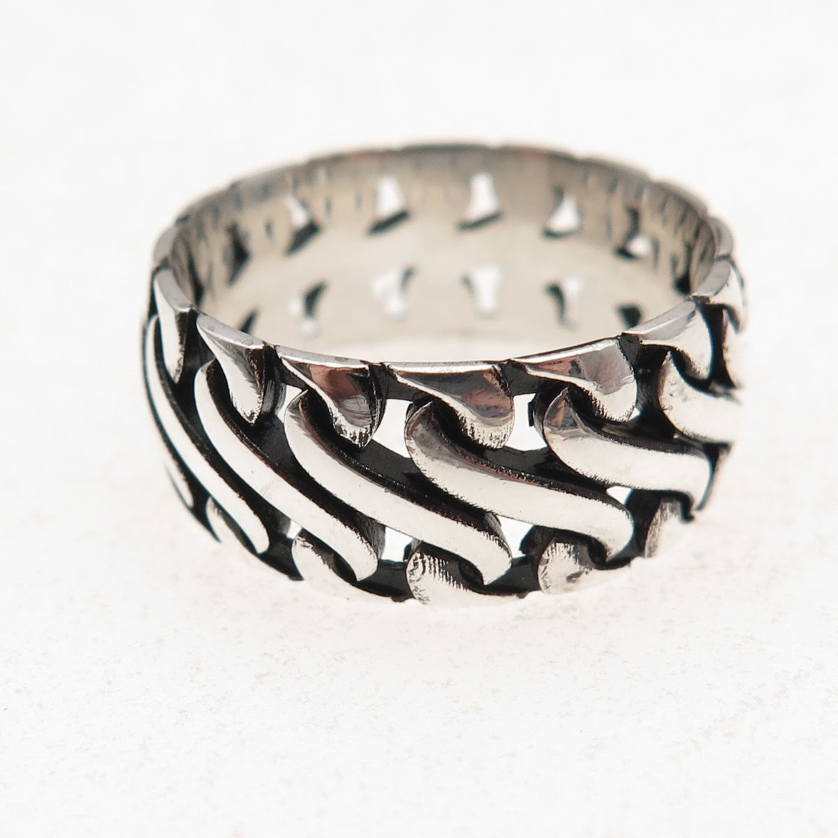 925 Sterling Silver Vintage S-Link Oxidized Wide Band Ring Size 10.25