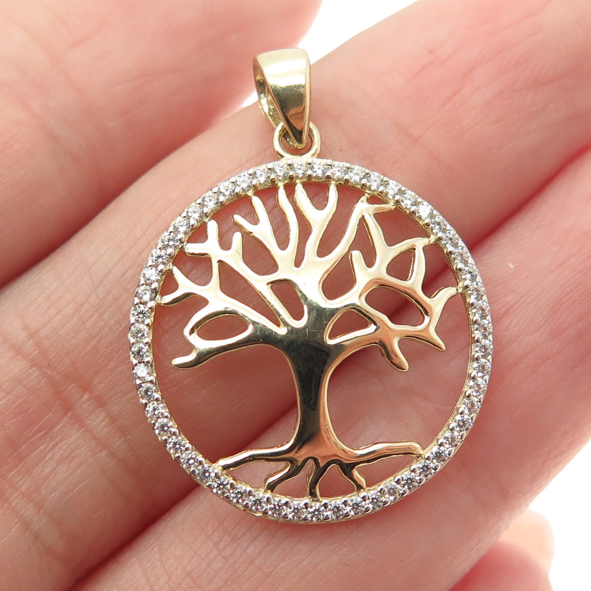 14K Yellow Gold Round-Cut C Z Tree of Life Minimalist Charm Pendant