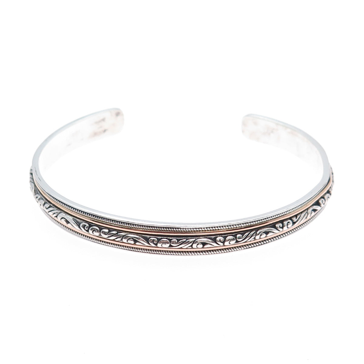 925 Sterling Silver 2-Tone Vintage Floral Scroll Adjustable Cuff Bracelet 7.75"