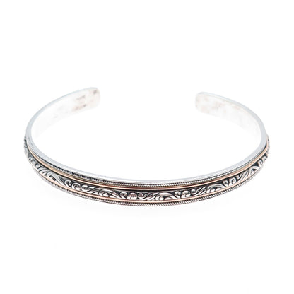 925 Sterling Silver 2-Tone Vintage Floral Scroll Adjustable Cuff Bracelet 7.75"