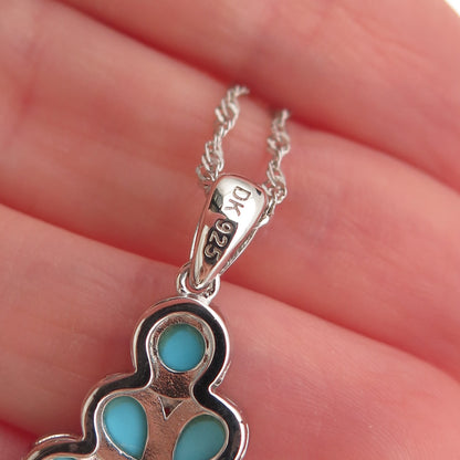 925 Sterling Silver Real Tyrone Turquoise Floral Singapore Chain Necklace 18-20"