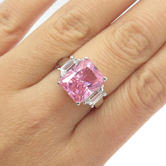925 Sterling Silver Radiant-Cut Pink & White C Z Ring Size 8