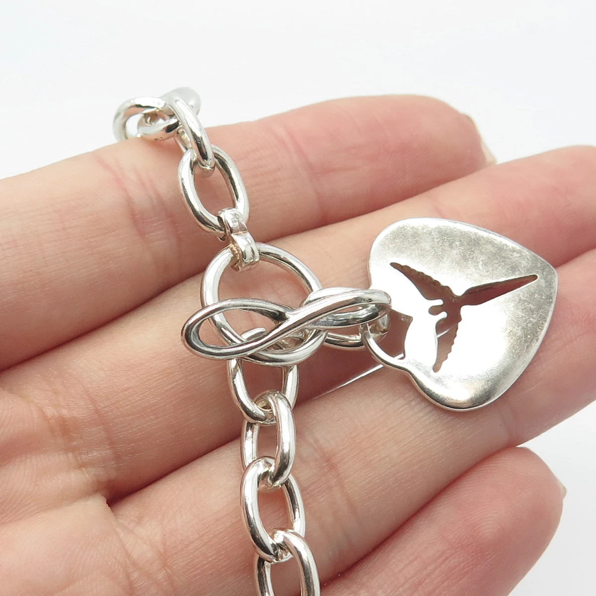 925 Sterling Silver Vintage Loveggi Heart Rolo Link Bracelet 6.5"