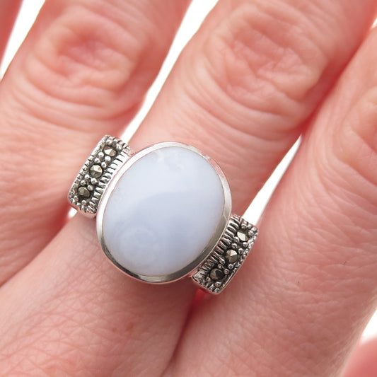 Chapal Zenray 925 Sterling Silver Vintage Real Agate & Marcasite Ring Size 8