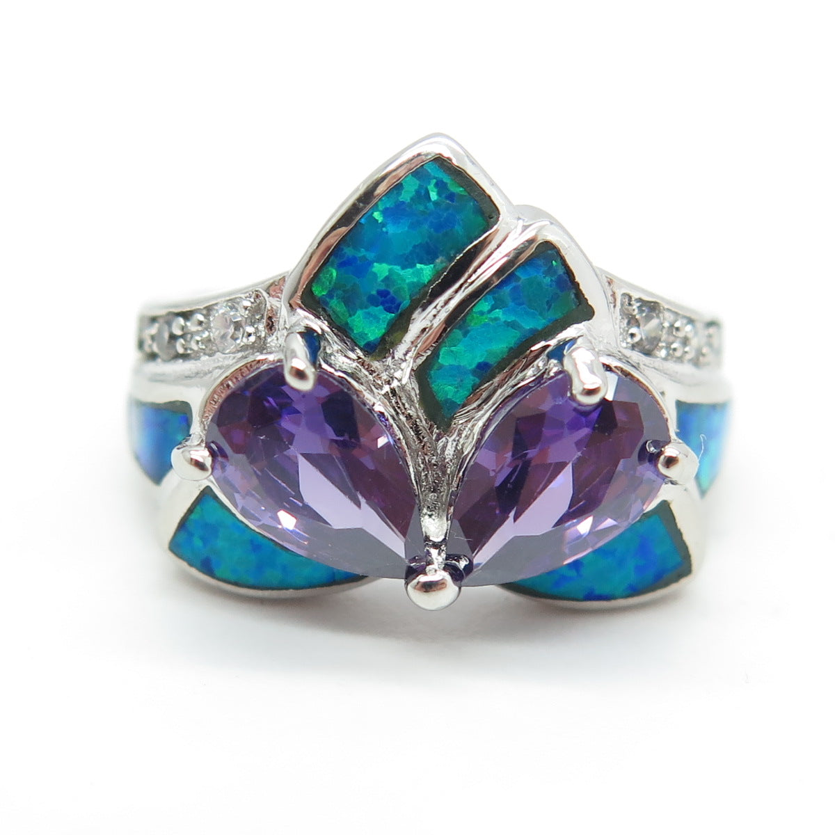 925 Sterling Silver Real Opal Amethyst & C Z Cocktail Ring Size 6